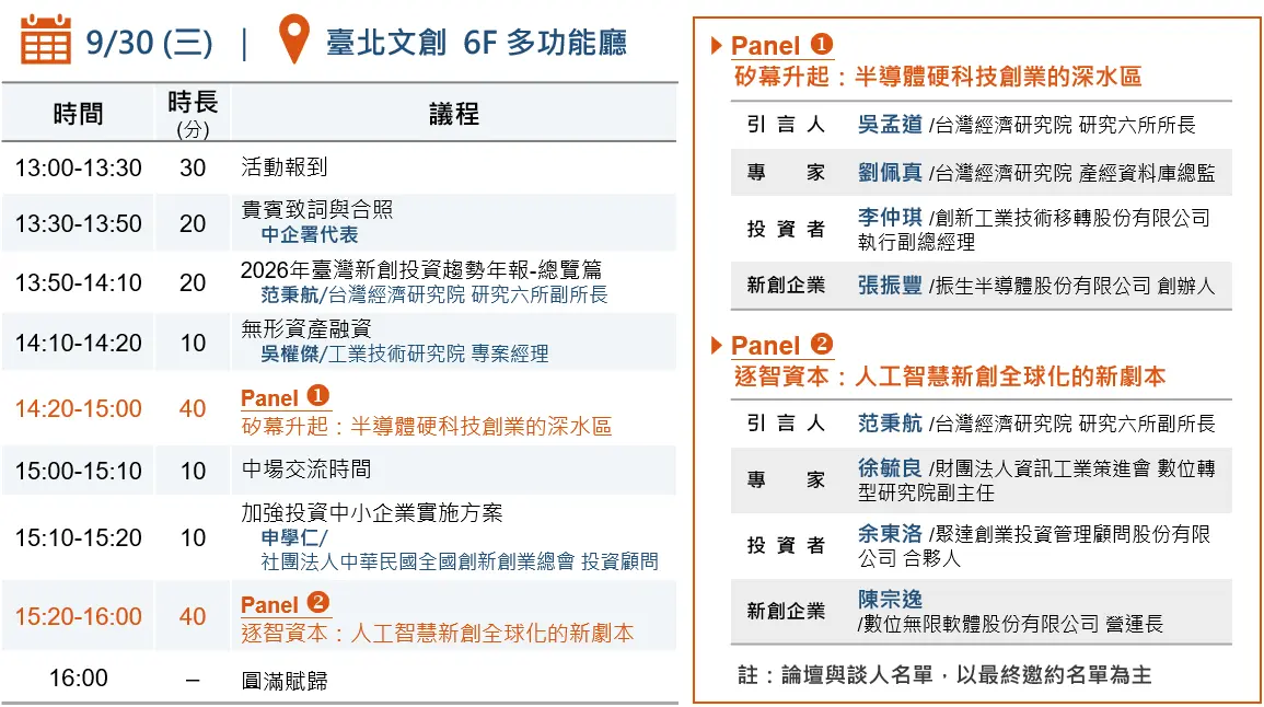 2026年臺灣新創投資趨勢發布會議程